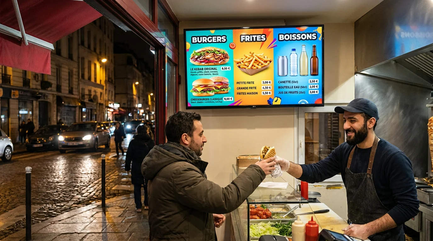 Écran menu au comptoir — snack parisien