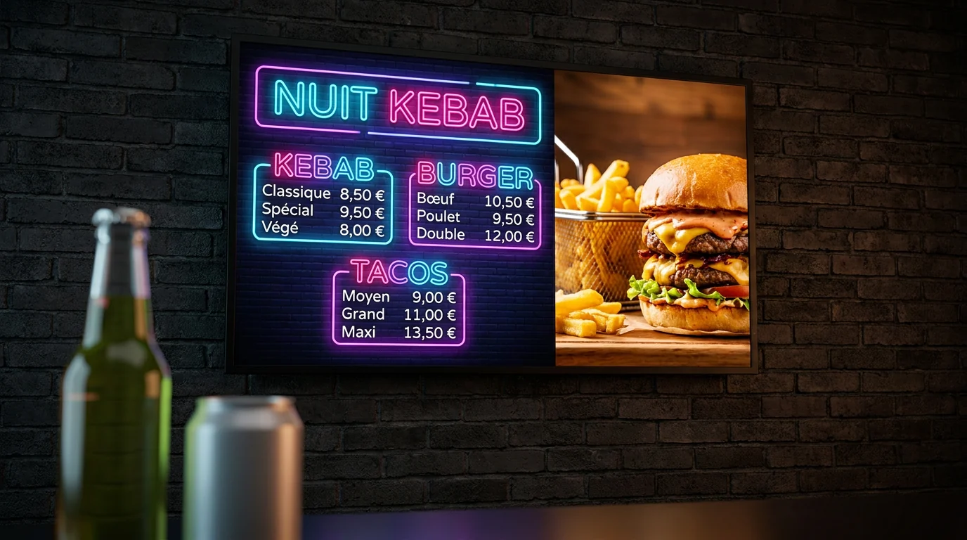 Écran menu néon — Nuit Kebab